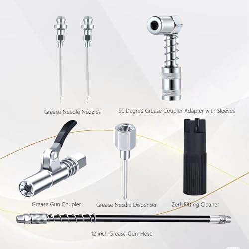 Grease Gun Accessory Kit,includes Grease Needle Dispenser, 2pcs Grease Needle Nozzles, 90 Degree Grease Coupler Adapter with Sleeves, Grease Gun Coupler, 12 Inch Grease-Gun-Hose, Zerk Fitting Cleaner GATTLELIC