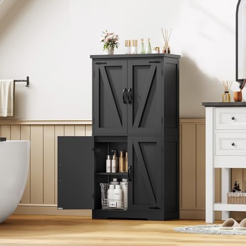 TEENFON Farmhouse Storage Cabinet with 2 Adjustable Shelves, Kitchen Cabinet with 4 Doors, Cupboard for Kitchen, Living Room, Black TEENFON