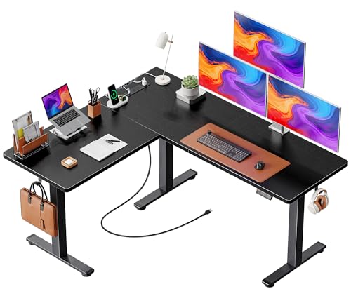 Huuger L Shaped Standing Desk with Power Outlets, 63 x 55 Inch Height Adjustable Computer Desk for Bedroom, Corner Stand up Desk for Home and Office, Work and Study, Black Huuger