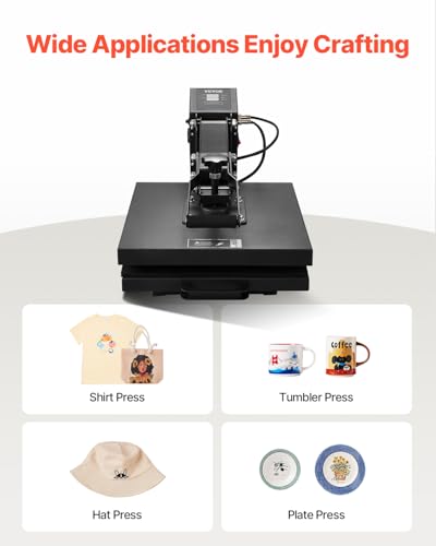 VEVOR Heat Press, 15 x 15 inch Heat Press Machine for T-Shirts, Fast and Even Heating, Easy to Use, High Pressure for Digital Industrial-Quality Sublimation Printer for Transfer Vinyl, T-Shirt, Black VEVOR