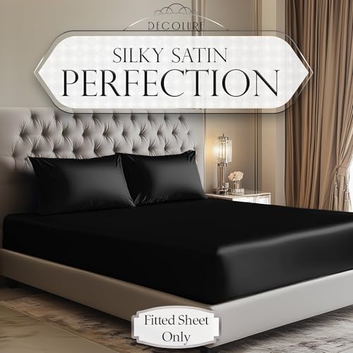 DECOLURE Satin Fitted Sheet Full Size (1 PC) – Luxuriously Smooth & Softer Than Silk Bed Sheets w/ 15 Inch Deep Pocket Hypoallergenic Wrinkle Free, Secure Snug Fit, Elastic Corner Straps (Black) DECOLURE