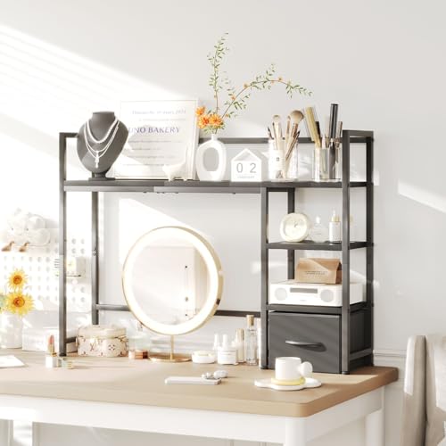 Desk Shelf with Drawer, 41.3" Desktop Organizer Shelf, Desk Hutch for Computer Monitor Max 32", 3 Tier Desktop Display Rack, Wooden Desk Top Bookshelf Storage Rack for Home Office Dorm, Black Mexin