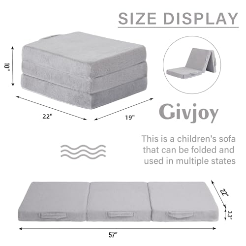 Givjoy Foldable Floor Mattress for Kids, Toddler Washable Tri Folding Floor Nap Mat for Sleeping Daycare, Child Trifold Futon Sofa Bed with Storage Bag for Playroom, Bedroom, Girls and Boys Givjoy