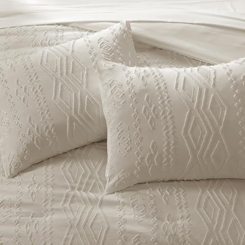 AMBERSPACE King Size Comforter Set Beige, Tufted Boho Bedding Farmhouse Bed Set, All Season 7 Pieces Bed in a Bag with Sheets, Pillowcases & Shams AMBERSPACE