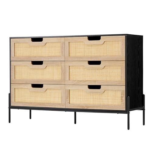 IDEALHOUSE 6 Drawers Dresser for Bedroom, Natural Rattan Drawer with Spacious Storage, Wood Chest of Drawers with Metal Legs for Bedroom, Living Room, Hallway, Entryway (Black, 6 Drawers Dresser) IDEALHOUSE