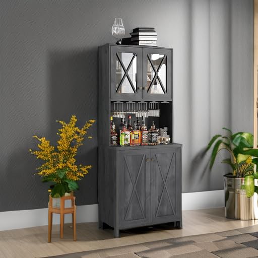 YITAHOME Farmhouse Bar Cabinet, 67" Tall Wine Bar Cabinet with for Wine Glass Rack, Home Bar Cabinet with Open Storage Shelves & Glass Doors for Living Room, Hallway, Charcoal Grey YITAHOME