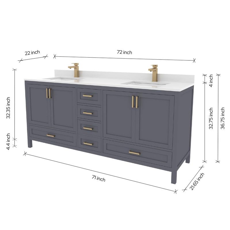 Ayna Decors Rooh 72 in Charcoal Grey Double Sink Bathroom Vanity Set with White Quartz Countertop | 4 Soft Closing Doors | 5 Full Extention Soft Close Drawers | Gold Hardware Ayna Decors