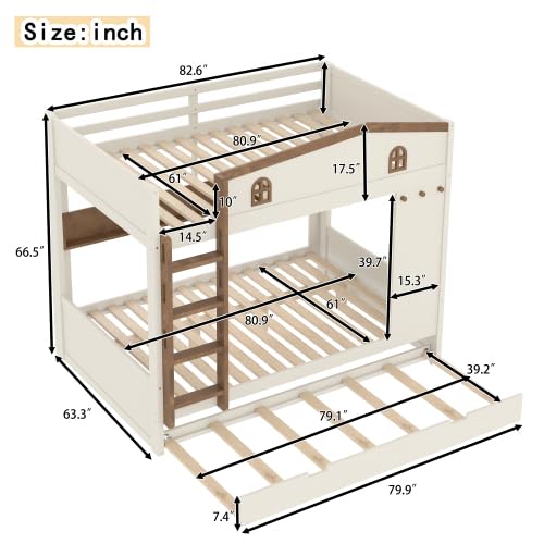 Bellemave Queen Over Queen Bunk Bed with Trundle & Hooks, Wooden Floor Bunk Beds Frame with Storage Shelves & Ladder for Kids Teens, Beige+Natural Bellemave