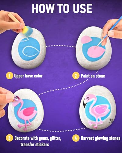 Nicpro 97PCS Rock Painting Kit Glow in The Dark & Metallic, 32 Colors Paint Supplies for Kids Ages 4-12, DIY Art Set 15 River Rocks with Holder, Toy Gift for Boys Girls Birthday Party Activities Nicpro