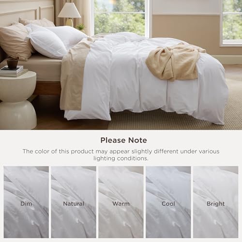 Bedsure 100% Washed Cotton Duvet Cover King - Bright White Minimalist Duvet Cover Linen Like for All Seasons - GentleSoft™ Plain Simple Cotton Bedding, 3 Pieces (Bright White, King, 104"x90") Bedsure
