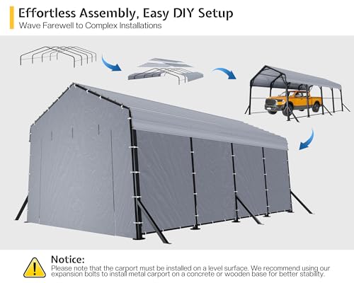 Jocisland 12x20x10.5 FT Heavy Duty Metal Carport, All-Weather Car Canopy with Waterproof Removable Sidewalls, Galvanized Steel Roof & Reinforced Base, Car Shelter for Cars, Boats, Trucks Jocisland