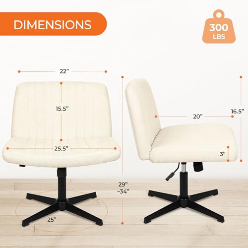 NEO Chair Criss Cross Chair No Wheels Armless Cross Legged Office Desk Wide Comfy Vanity Makeup Chair Adjustable Computer Task for Home Office Fabric (Beige) NEO CHAIR