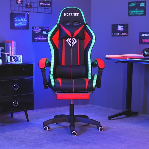 HOFFREE RGB Gaming Chair with Speakers Massage Computer Gaming Chair with LED Lights and Footrest High Back Video Game Chair for Adults Red and Black HOFFREE