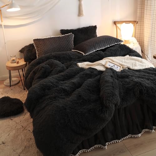 HAIHUA Plush Black Comforter Cover Queen Set, Soft Faux Fur Fluffy Black Bedding Queen Set 3 Pieces (1 Fuzzy Duvet Cover + 2 Furry Pillow Cases) Shaggy Bed Set, Zipper Closure HAIHUA