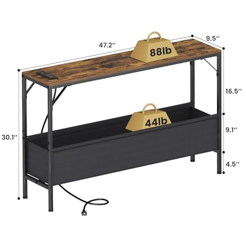 Asgolion Console Table, Narrow Sofa Table, 47.2" Behind Couch Table with Power Station, Entrance Table, for Living Room, Hallway, Entryway, Foyer, Rustic Brown Asgolion