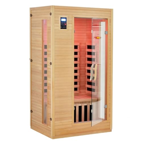 1 To 2 Person Infrared Sauna for Home, Low EMF Far Infrared Therapy with 6 Heating Plates, Canadian Hemlock Wood Dry Sauna Room with Chromotherapy Light, Bluetooth Speaker & Dual Controls, Home SPA PeacefulHues
