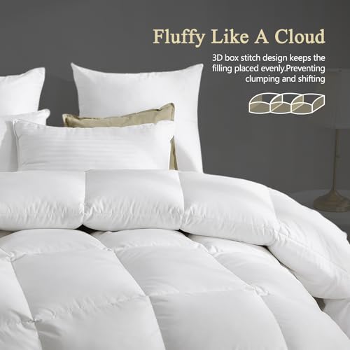 KUSNUG Hotel Luxury Down Fibers Comforter Twin Size - All Season Duvet Insert with Egyptian Cotton Blend Shell, High Fill-Power Hypoallergenic Fluffy Down Feather Fibers Filled, White 68x90 Inch KUSNUG