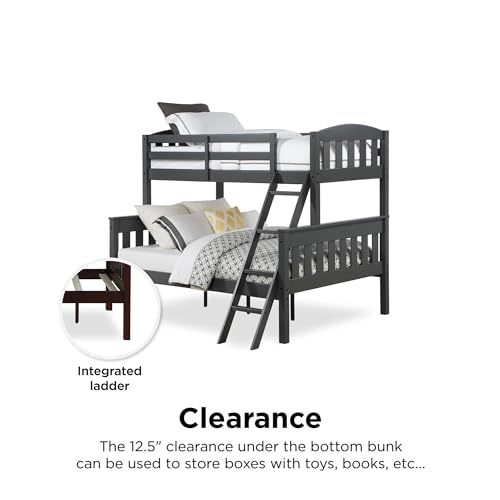 DHP Airlie Convertible Wood Bunk Bed Twin Over Full Size, Stackable and Detachable Bed Frames for Kids, Teens, Angled Ladder, High Guardrail, Wood Slats, No Boxspring Required, Grey DHP