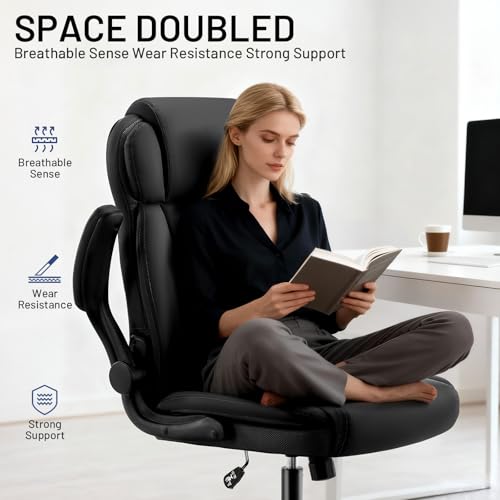 AreShark Ergonomic Office Chair with High Back Headrest, PU Leather Executive Desk Chair - Padded Flip-Up Armrests, Lumbar Support, Swivel Computer Chair for Home Office & Gaming, Black AreShark