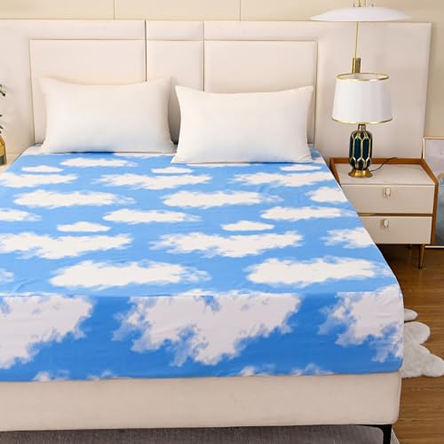 NATURETY Bedding Fitted Sheet with Deep Pocket for Single Bed Mattress Cover Sheets,White Cloud Printed Fabric Bed Sheets (Blue Sky, Full) NATURETY