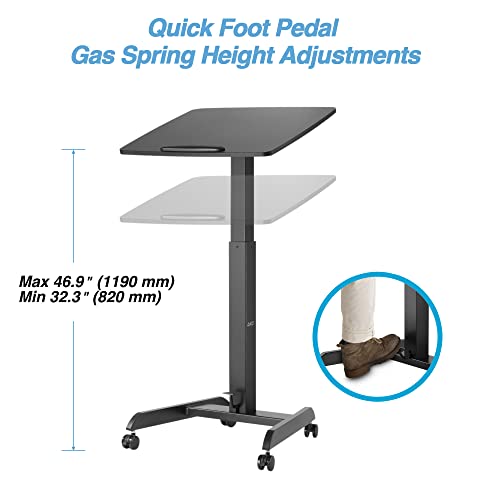 AVLT 47" Height Adjustable Mobile Workstation with Tilting Desk (3 ft 11 inches) - Foot Pedal Pneumatic Standing Desk Cart - Mobile Laptop Cart - Mobile Black Cart with Brake Casters AVLT