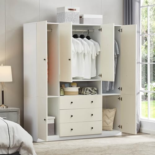 VivaVista Wooden Armoire Wardrobe Closet, 74" H Wardrobe Closet Cabinet with 4 Doors, White Bedroom Closet Wardrobe with Drawers & Shelves VivaVista