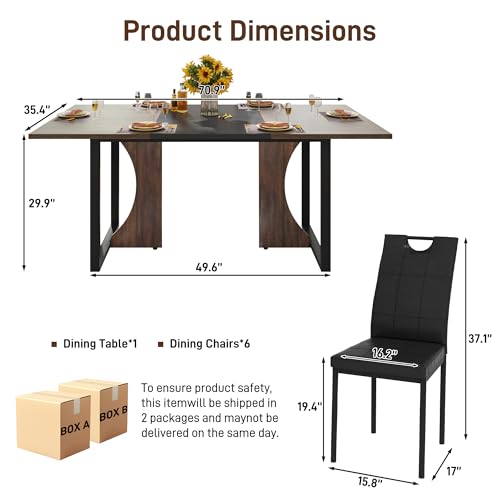 chartustriable 7PCS Dining Table Set for 4 5 6 People, 71" Large Long Wooden Kitchen Table with 6 Chairs (Brown+Black, 71IN Table+6 PCS Chairs) chartustriable