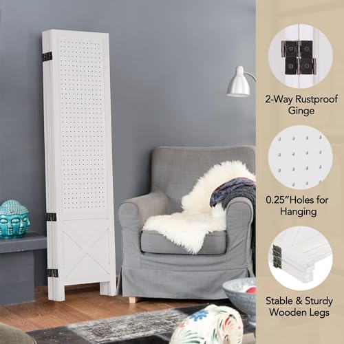 Wnutrees 4 Panel Pegboard Display, 5 Ft Wood Folding Privacy Screens Room Divider, Portable Freestanding Display Board for Craft/Art Shows, Retail, Events, Wall Organizer, Rustic Barnwood, White Wnutrees