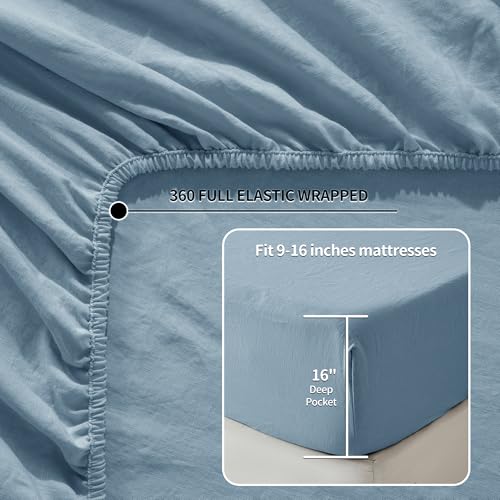 LBRO2M 100% Linen Sheet Set Twin XL Size,Bed Sheets 3 Piece Sets,Solid Color Natural Flax Bed Sheets Soft Breathable Bedding,16" Deep Pocket,All Season (Twin XL, Dusty Blue) LBRO2M