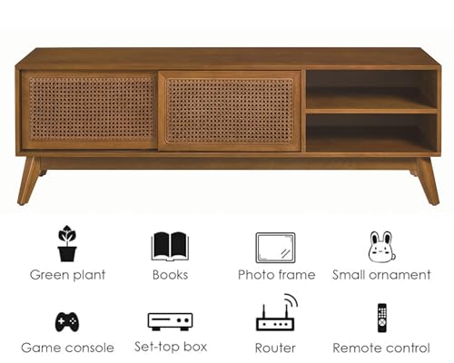 LKTART 59 Inch Mid Century Modern TV Stand with Rattan Cabinet Doors, Entertainment Center for living room Solid Wood Feet Light Wood LKTART