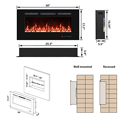 30" Electric Fireplaces Inserts, Recessed & Wall-Mounted Fireplace Heater with Thermostat, Multicolor Flames,Timer, Log & Crystal, 750/1500W VINEMOUNT