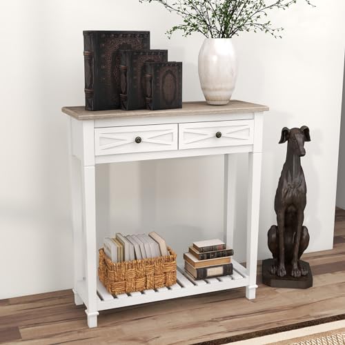 kinbor Entryway Table - White Console Table with 2 Drawers, Narrow Small Console Table with Storage Shelf for Entryway, Living Room, Hallway, White kinbor