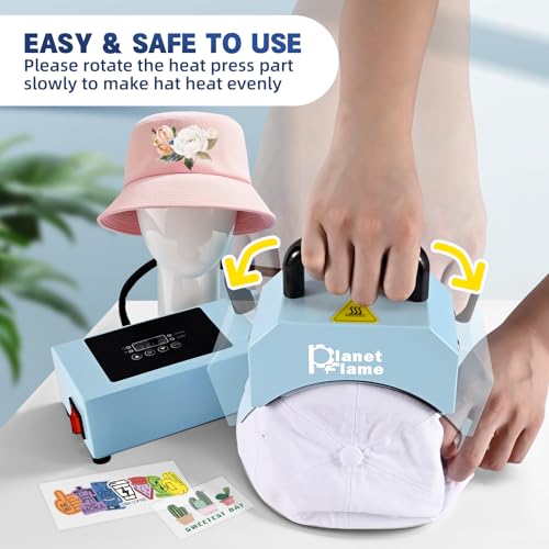 PlanetFlame Hat Press, Mini Hat Press Heat Machine for Caps Hats with 5.4" * 3.1" Curved Teflon Coated Heat Plate & Safety Base for Heat Transfer Vinyl, Sublimation and DIY Projects, Blue PlanetFlame