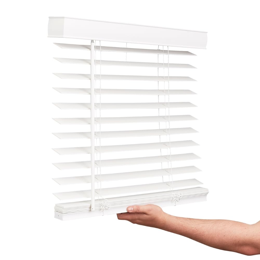LOTUS & WINDOWARE Cordless Faux Wood Blinds, 31" Wide x 24" Long, Smooth, Snow White, 2 Inch Horizontal Blinds – for Living Room, Bedroom, Interior Door Windows LOTUS & WINDOWARE