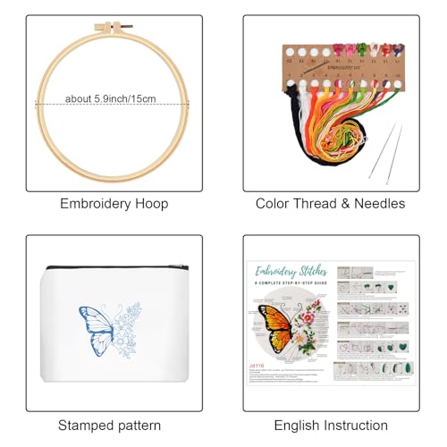 Louise Maelys Embroidery Kit Canvas Makeup Bag for Beginners,Cross Stitch Kits for Adults,DIY Needlepoint-Butterfly and Floral Pattern