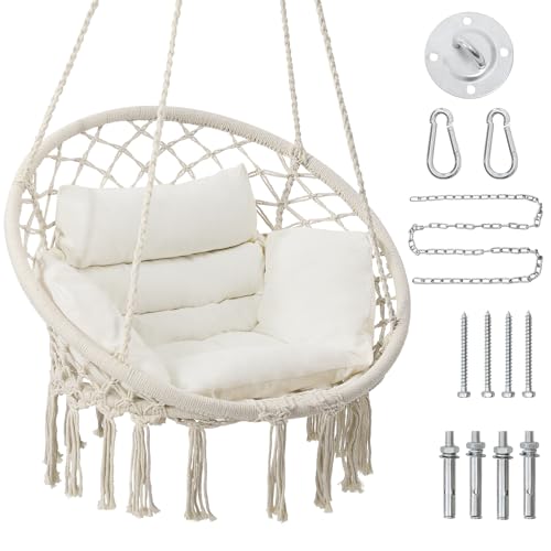 KROFEM Macrame Hammock Hanging Swinging Chair with Medium Cushion, Perfect for Bedroom, Porch, Adults, Balcony, Beige KROFEM