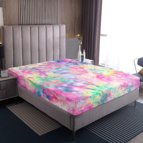 Erosebridal Kids Tie Dye Pink Bed Sheets Girls Bohemian Batik Sheet Set 4 Pcs King Size, Boho Psychedelic Sheets Set + Deep Pocket Fitted Sheets+ Girly Flat Sheet + Exotic Bedroom Decor 2 Pillow Shams Erosebridal
