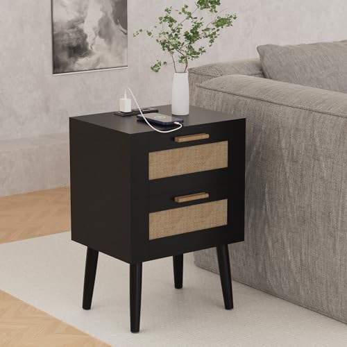 Ltysh Nightstand with Charging Station,2 Set Rattan Night Stand with Solid Wood Legs, Bedside Table with USB Ports & Outlets Bed Side Table,End Table for Bedroom,Living Room(Black-Set 2) Ltysh