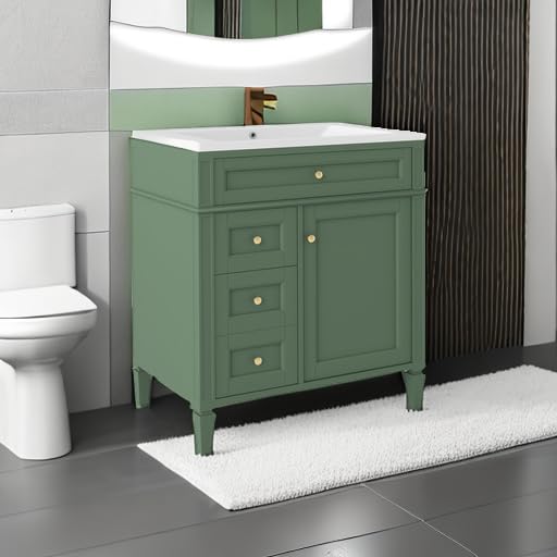 Linique 30" Bathroom Vanity with Sink Combo Set, Solid Wood Frame Modern Bathroom Storage Cabinet with 2 Drawers and a Tip-Out Drawer, Soft Closing Cabinet Door with Organizer, Green Linique