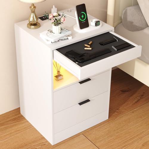 Yusong Night Stand with Gun Drawer & Invisible Lock, Bedside Table, LED Nightstand with Charging Station, Modern Night Stand, Wood Sofa Couch End Side Table with 2 Pull-Out Shelf, White Yusong