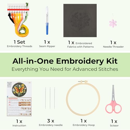HTVRONT Embroidery Kit for Beginners, Butterfly Embroidery Kits with Step-by-Step Video Tutorials, Simple 6 Stitches Beginner Embroidery Kit for Adult Crafts