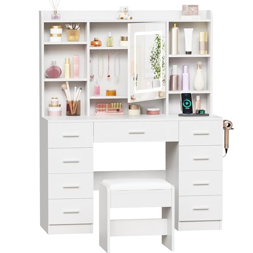 BEWISHOME Vanity Desk with Mirror and Lights, Makeup Vanity Table with Power Outlet,Stool Vanity Table with 9 Drawers 6 Storage Shelves Jewelry Storage,Dressing Table for Bedroom Girls White FST36W BEWISHOME