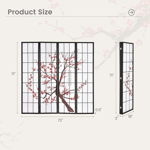Giantex Room Divider, 4 Panel 6FT Room Dividers, Folding Privacy Screen, Oriental Shoji Screen for Room Separation, Portable Freestanding Japanese Wall Partition with Plum Blossom Design, White Giantex
