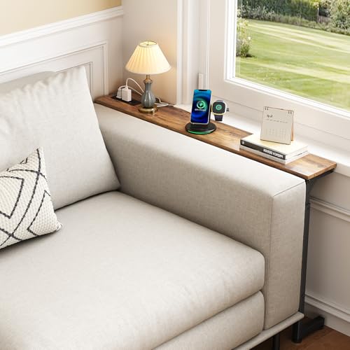 Kitstorack Narrow Console Table Behind Sofa Couch, Design with Adjustable Height (25"-33") & Power Outlets, Small Entryway Table - 5.9" D x39.4 L, Rustic Brown Kitstorack