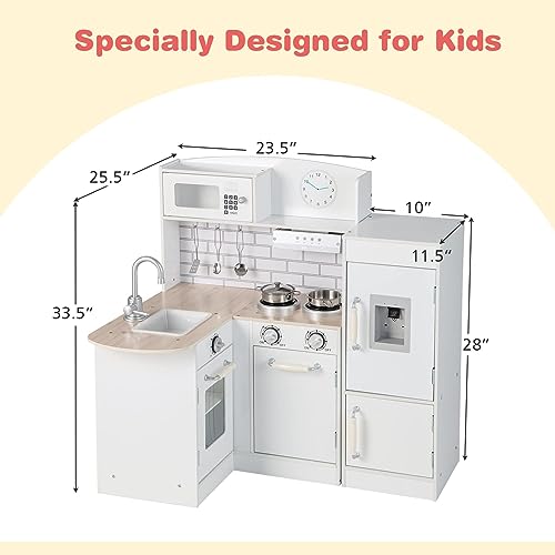 HONEY JOY Corner Kids Kitchen Playset, Little Chef Wooden Play Kitchen for Toddlers, Water Dispenser, Microwave, Range Hood, Refrigerator, Cookware, Modular Pretend Toy Kitchen Set w/Lights & Sounds HONEY JOY