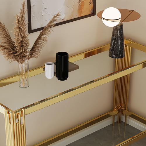 HomVent Rectangular Glass Console Table, Modern Side Sofa Table w/2 Layer Tempered Glass Living Room Table and Mirror Finished Stainless Steel Frame for Living Room Office (Gold, Console Table) HomVent