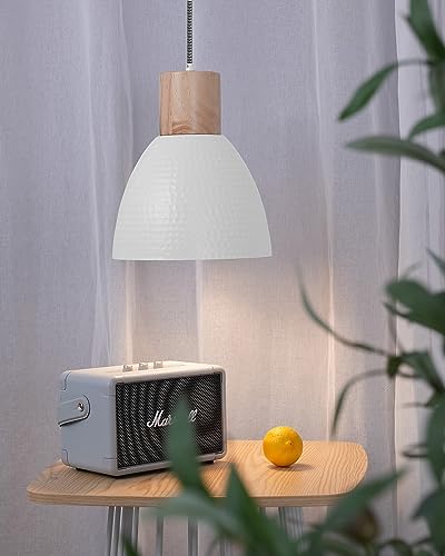 ELYONA Modern Pendant Light Fixtures, 10.2” Hammered Metal & Rubber Wood Island Hanging Lamp, Adjustable Height, Pendant Lighting for Kitchen,Farmhouse Bar,Dining Room,Bedroom, Nordic White ELYONA
