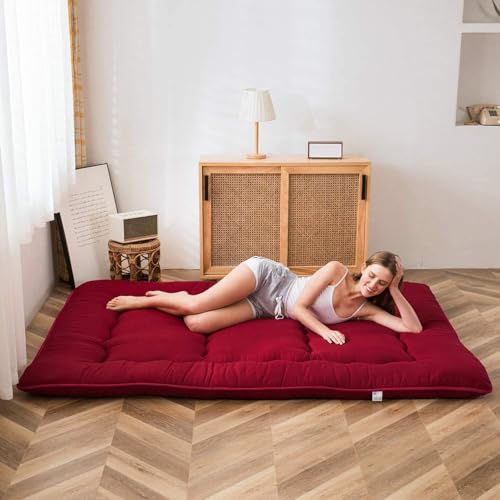 MAXYOYO Japanese Floor Mattress Futon Mattress, Thicken Sleeping Pad Foldable Roll Up Floor Futon for Adults Tatami Mat Dormitory Bed Lounger, Burgundy, Full Size MAXYOYO