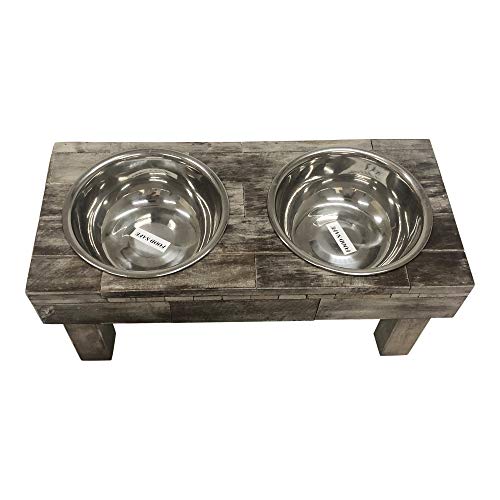 Huntley Equestrian Pet Berjen Table Elevated Double Bowl Pet Feeder, Brown Wash (Large) (02189) Huntley Equestrian