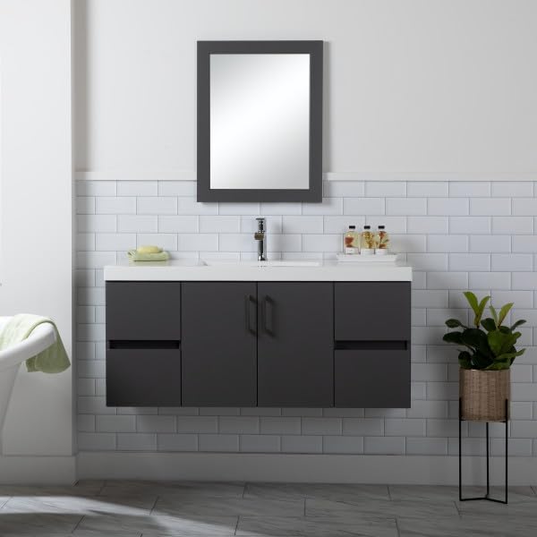 Spring Mill Cabinets Innes 48 Inch Floating Bathroom Vanity with White Single Sink Top, 2-Door Cabinet, 4 Soft-Close Drawers, 48.5" W x 18.75" D x 22.25" H, Cement Spring Mill Cabinets